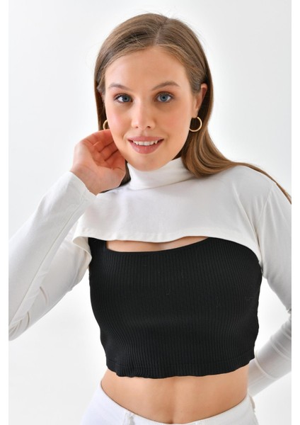 Dik Yaka Boyunluklu Kolluk - Pamuk Bolero Crop, Uzun Kollu Balıkçı Yaka, Rahat ve Şık Tasarım