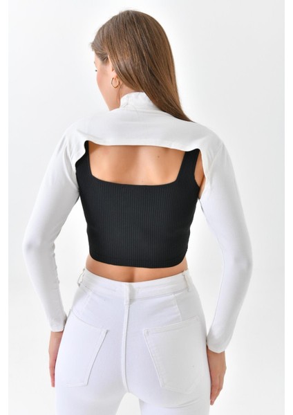 Dik Yaka Boyunluklu Kolluk - Pamuk Bolero Crop, Uzun Kollu Balıkçı Yaka, Rahat ve Şık Tasarım