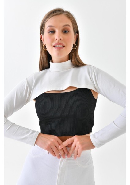 Dik Yaka Boyunluklu Kolluk - Pamuk Bolero Crop, Uzun Kollu Balıkçı Yaka, Rahat ve Şık Tasarım