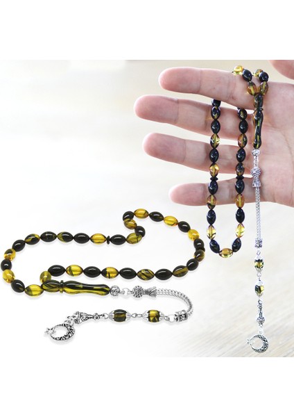 Ayyıldız Kararmaz Metal Püsküllü Arpa Kesim Sarı-Siyah Ateş Kehribar Tesbih