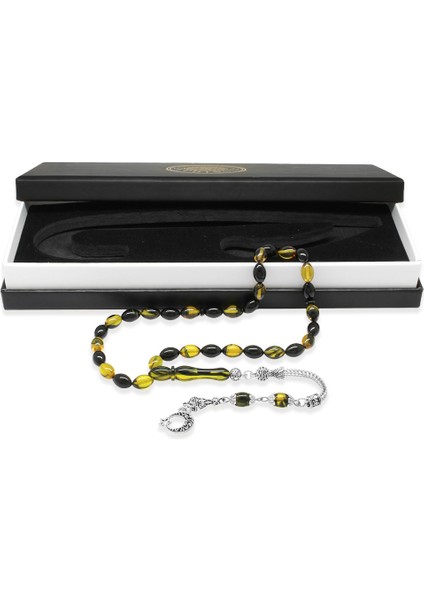 Ayyıldız Kararmaz Metal Püsküllü Arpa Kesim Sarı-Siyah Ateş Kehribar Tesbih fiyatları