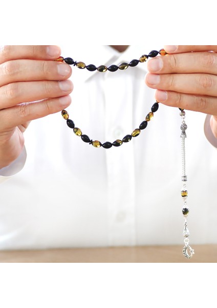 Ayyıldız Kararmaz Metal Püsküllü Arpa Kesim Sarı-Siyah Ateş Kehribar Tesbih modelleri