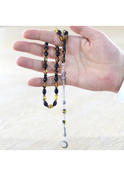 Ayyıldız Kararmaz Metal Püsküllü Arpa Kesim Sarı-Siyah Ateş Kehribar Tesbih fırsatları