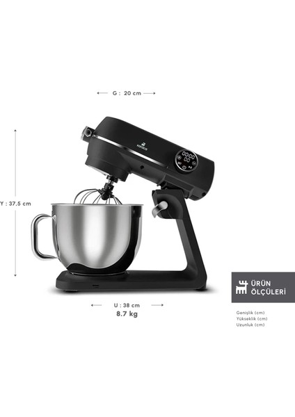 Multichef Artisan Digital Ekran 7 Litre Döküm Stand Mikser Siyah 1800W