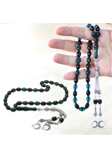 Kararmaz Metal Ayyıldız Püsküllü Arpa Kesim Turkuaz-Siyah Ateş Kehribar Tesbih
