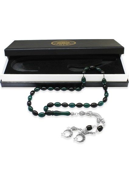 Kararmaz Metal Ayyıldız Püsküllü Arpa Kesim Turkuaz-Siyah Ateş Kehribar Tesbih fiyatları