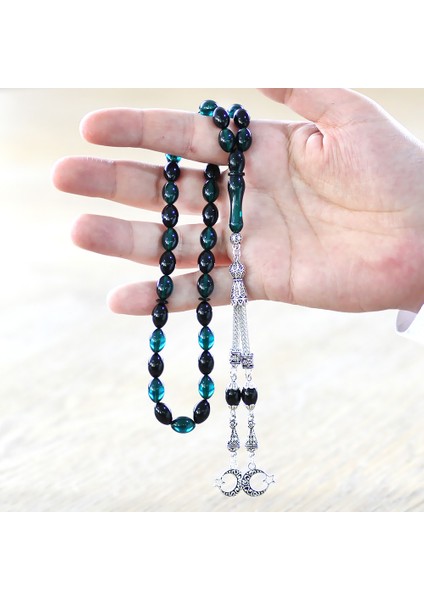 Kararmaz Metal Ayyıldız Püsküllü Arpa Kesim Turkuaz-Siyah Ateş Kehribar Tesbih modelleri