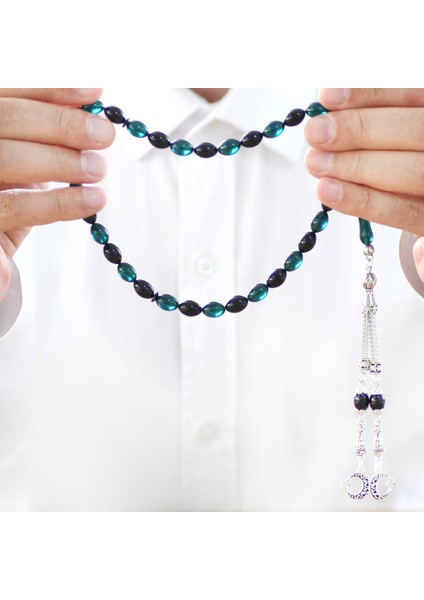 Kararmaz Metal Ayyıldız Püsküllü Arpa Kesim Turkuaz-Siyah Ateş Kehribar Tesbih fırsatları