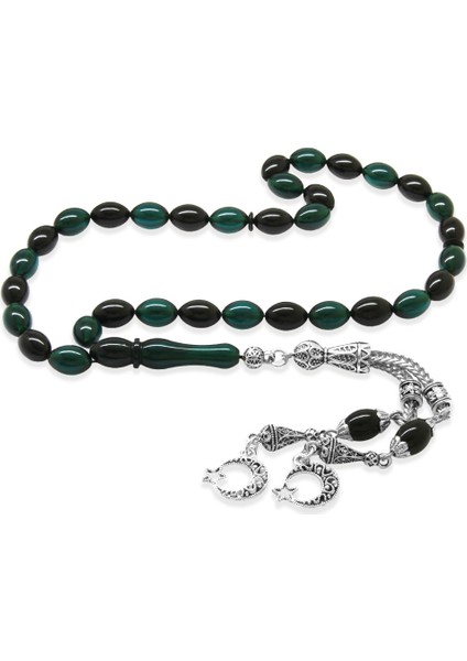 Kararmaz Metal Ayyıldız Püsküllü Arpa Kesim Turkuaz-Siyah Ateş Kehribar Tesbih indirimleri