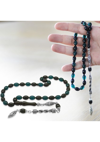 Kararmaz Metal Halat Püsküllü Arpa Kesim Turkuaz-Siyah Ateş Kehribar Tesbih