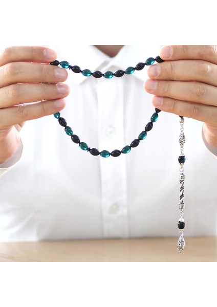 Kararmaz Metal Halat Püsküllü Arpa Kesim Turkuaz-Siyah Ateş Kehribar Tesbih modelleri