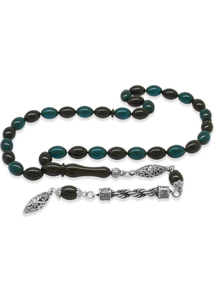 Kararmaz Metal Halat Püsküllü Arpa Kesim Turkuaz-Siyah Ateş Kehribar Tesbih fırsatları