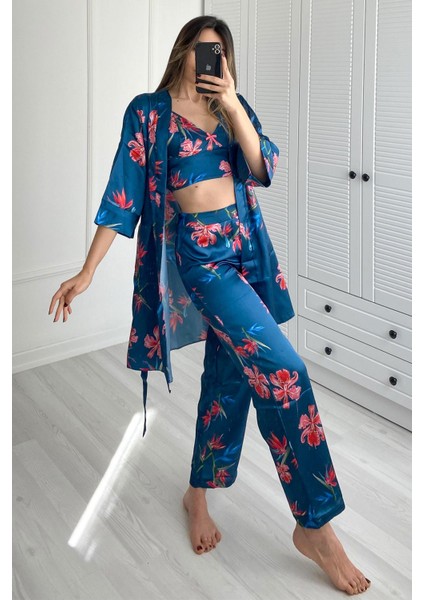 045 Kadın Desenli Saten 3 Lü Pijama Takım Turkuaz