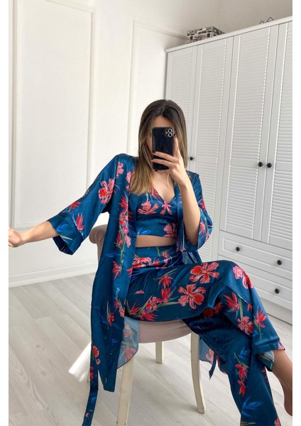 045 Kadın Desenli Saten 3 Lü Pijama Takım Turkuaz fiyatları