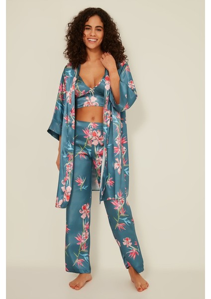 045 Kadın Desenli Saten 3 Lü Pijama Takım Turkuaz modelleri
