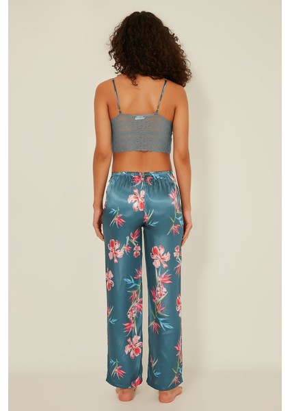 045 Kadın Desenli Saten 3 Lü Pijama Takım Turkuaz indirimleri