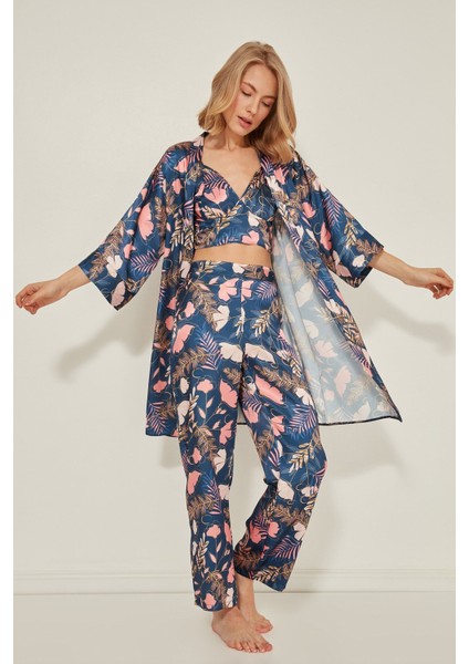 045 Kadın Desenli Saten 3 Lü Pijama Takım Lacivert/oranj