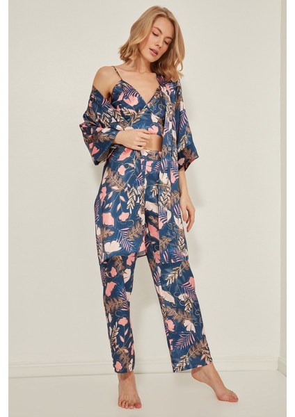 045 Kadın Desenli Saten 3 Lü Pijama Takım Lacivert/oranj fiyatları