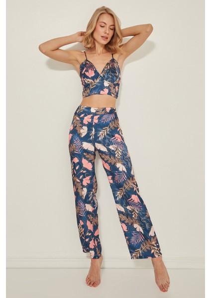 045 Kadın Desenli Saten 3 Lü Pijama Takım Lacivert/oranj modelleri