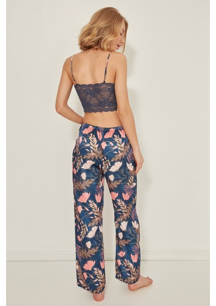 045 Kadın Desenli Saten 3 Lü Pijama Takım Lacivert/oranj fırsatları
