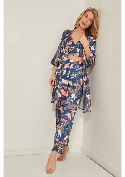 045 Kadın Desenli Saten 3 Lü Pijama Takım Lacivert/oranj indirimleri