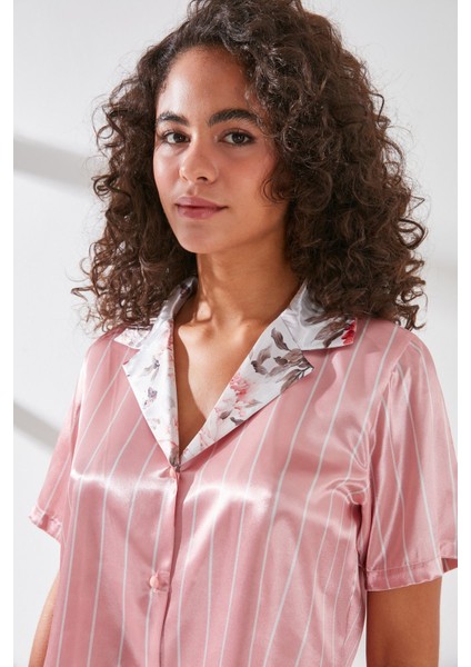 Kadın Saten Crop Gömlek Pantolon Takım 9066 Pembe/ekru modelleri