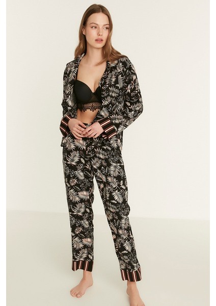 Desenli Viskon Uzun Kol Gömlekli Pijama Takım 9082 Siyah