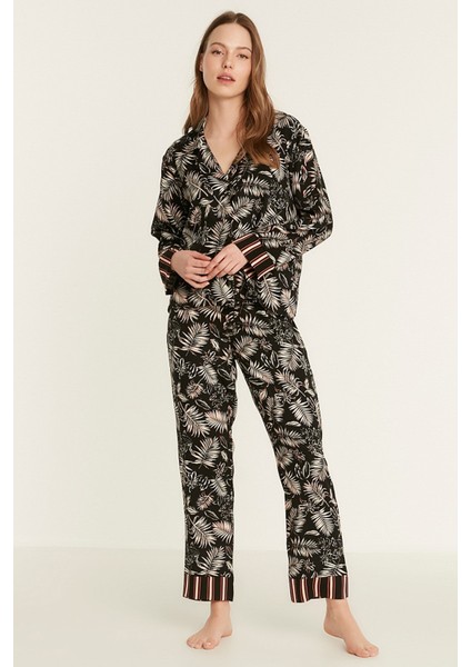 Desenli Viskon Uzun Kol Gömlekli Pijama Takım 9082 Siyah