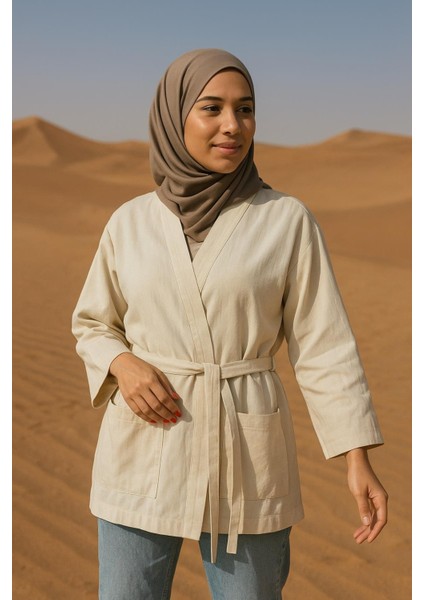 Krem Kadın Cepli Ceket | Uzun Kollu Kuşaklı Kimono | Premium Ham Pamuk Kumaş