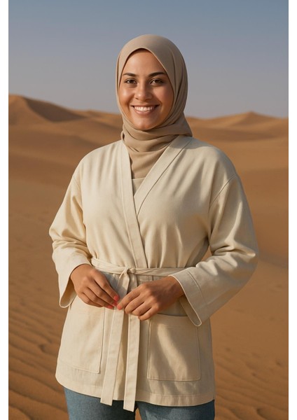 Krem Kadın Cepli Ceket | Uzun Kollu Kuşaklı Kimono | Premium Ham Pamuk Kumaş fiyatları