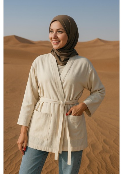 Krem Kadın Cepli Ceket | Uzun Kollu Kuşaklı Kimono | Premium Ham Pamuk Kumaş modelleri