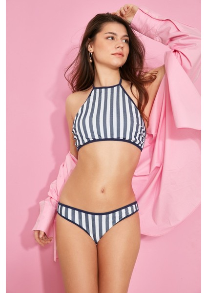 Kadın Varsiti Boyundan Bağlı Halter Bikini Takım 00252 Lacivert