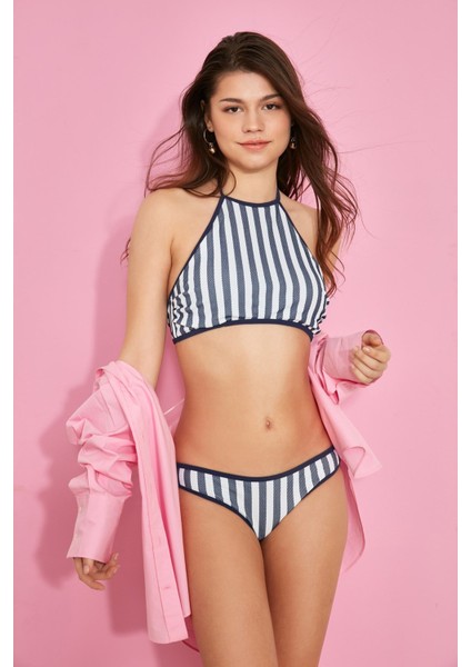 Kadın Varsiti Boyundan Bağlı Halter Bikini Takım 00252 Lacivert indirimleri