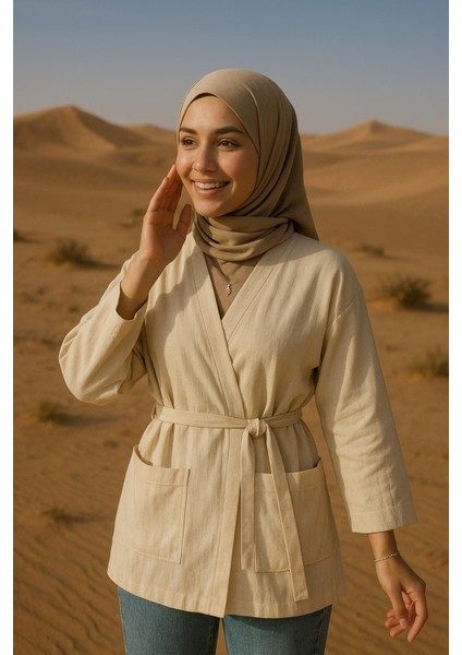 Krem Kadın Cepli Ceket | Uzun Kollu Kuşaklı Kimono | Premium Ham Pamuk Kumaş fırsatları