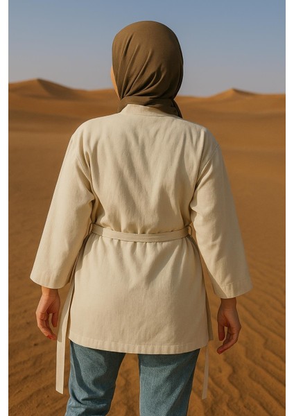 Krem Kadın Cepli Ceket | Uzun Kollu Kuşaklı Kimono | Premium Ham Pamuk Kumaş indirimleri