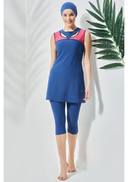 Sıfır Kol Taytlı Yarım Kapalı Tesettür Mayo C13100 Açık Lacivert