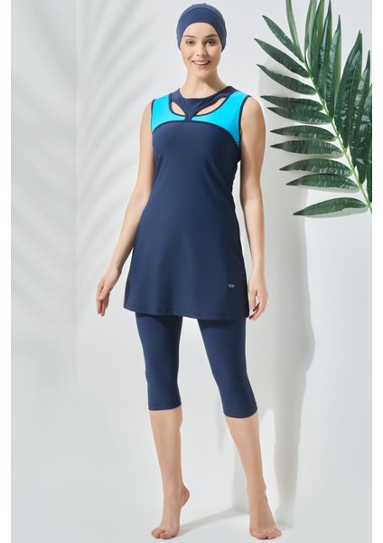 Sıfır Kol Taytlı Yarım Kapalı Tesettür Mayo C13100 Koyu Lacivert