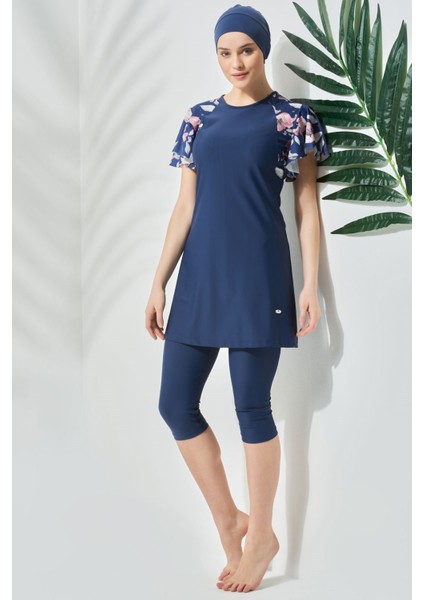 Kısa Kol Taytlı Yarım Kapalı Tesettür Mayo C13090 Lacivert