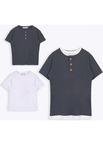 Patlı Dugmelı Basıc Ekru Fume Renk Erkek Cocuk Tshırt