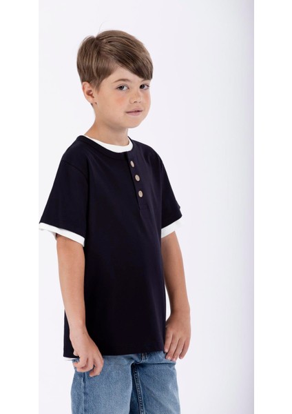 Patlı Dugmelı Basıc Beyaz Lacivert Renk Erkek Cocuk Tshırt fırsatları