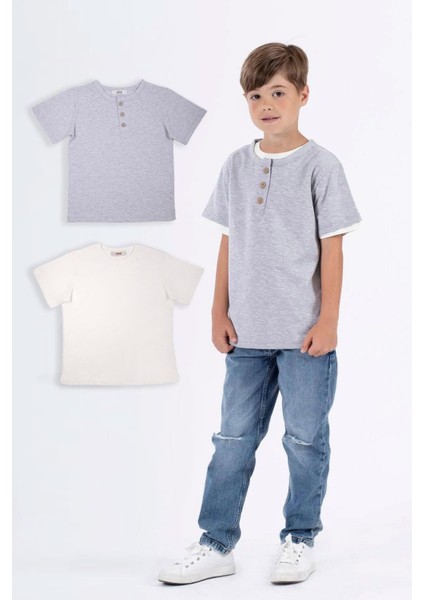 Patlı Dugmelı Basıc Ekru Gri Renk Erkek Cocuk Tshırt
