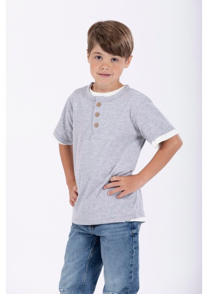 Patlı Dugmelı Basıc Ekru Gri Renk Erkek Cocuk Tshırt fiyatları