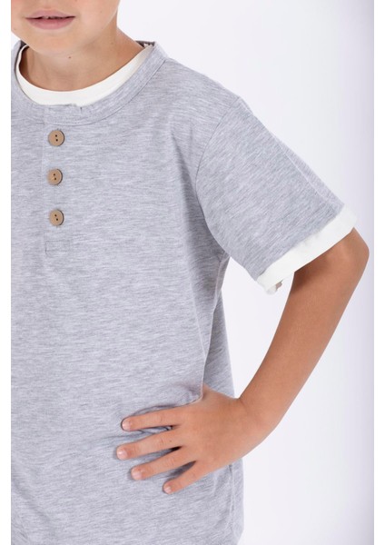 Patlı Dugmelı Basıc Ekru Gri Renk Erkek Cocuk Tshırt modelleri