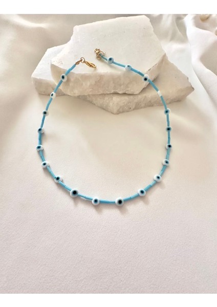 Cam Nazar Boncuklu Mavi Kolye