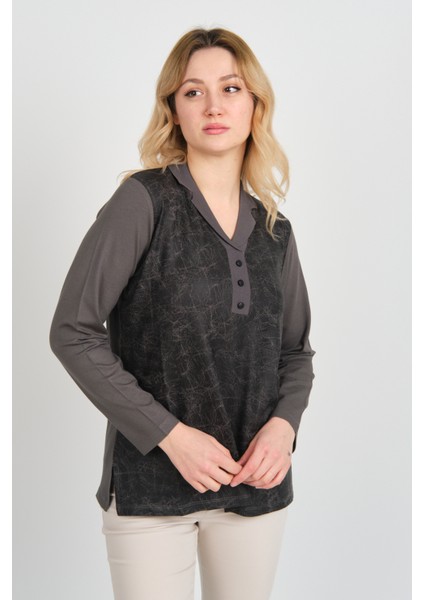 Kadın Desenli Süs Düğmeli Uzun Kollu Anne Bluz 2339 Füme