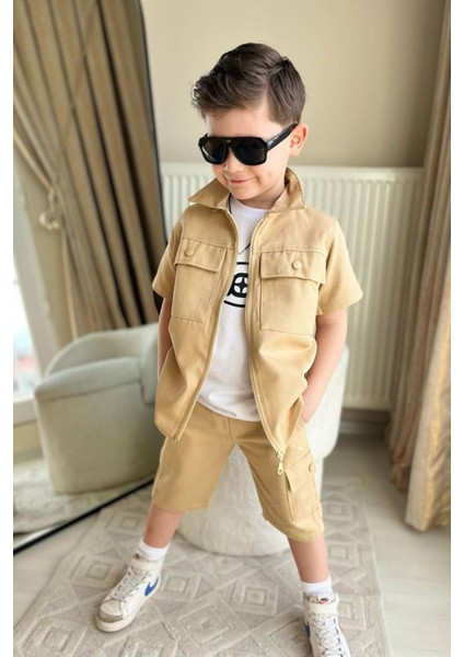 Boyboy Gabardin Cepli Şortlu Erkek Çocuk 3 lü takım - Kahve