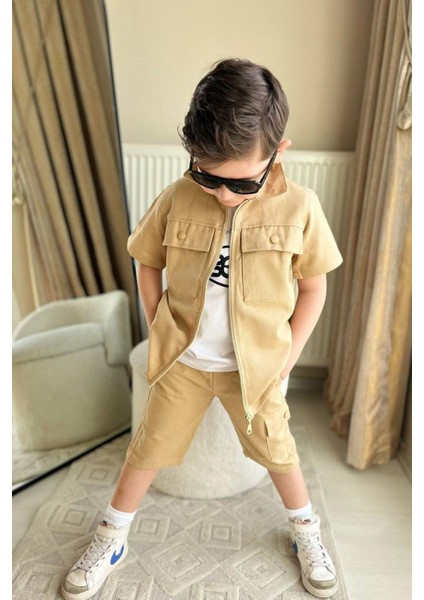 Boyboy Gabardin Cepli Şortlu Erkek Çocuk 3 lü takım - Kahve