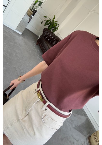 Omuz Vatkalı Premium Tshirt- Acı Kahve