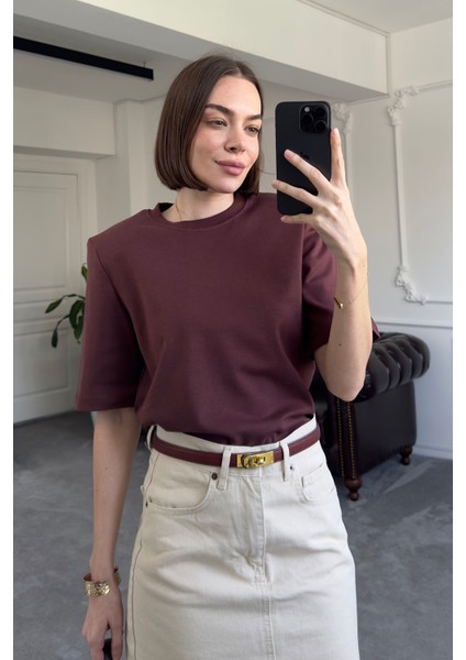 Omuz Vatkalı Premium Tshirt- Acı Kahve