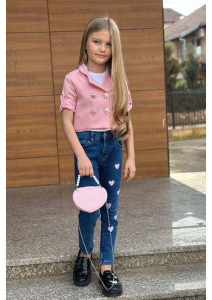 Kız Çocuk Gümüş Düğme Detaylı Pudra Blazer Ceket Kalp Detaylı Jean Pantolon Alt Üst Takım 2251205016